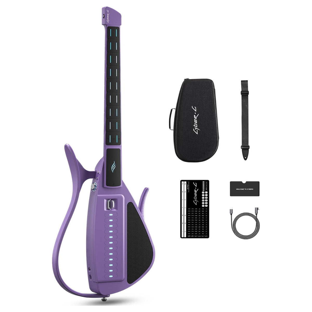 Enya Cyber-G Pick Model in Purple with its protective bag, strap, quick start guide and USB-C cable