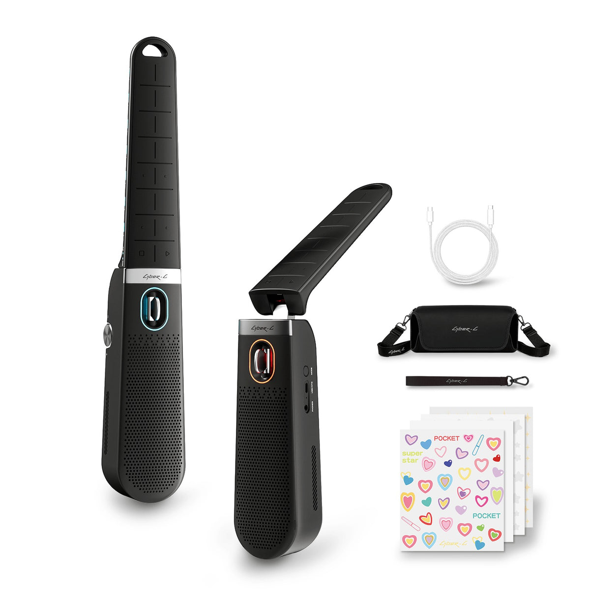 Enya Cyber-G Pocket in Black unfolded and folded, with its premium case, hand strap, charging cable and sticker pack