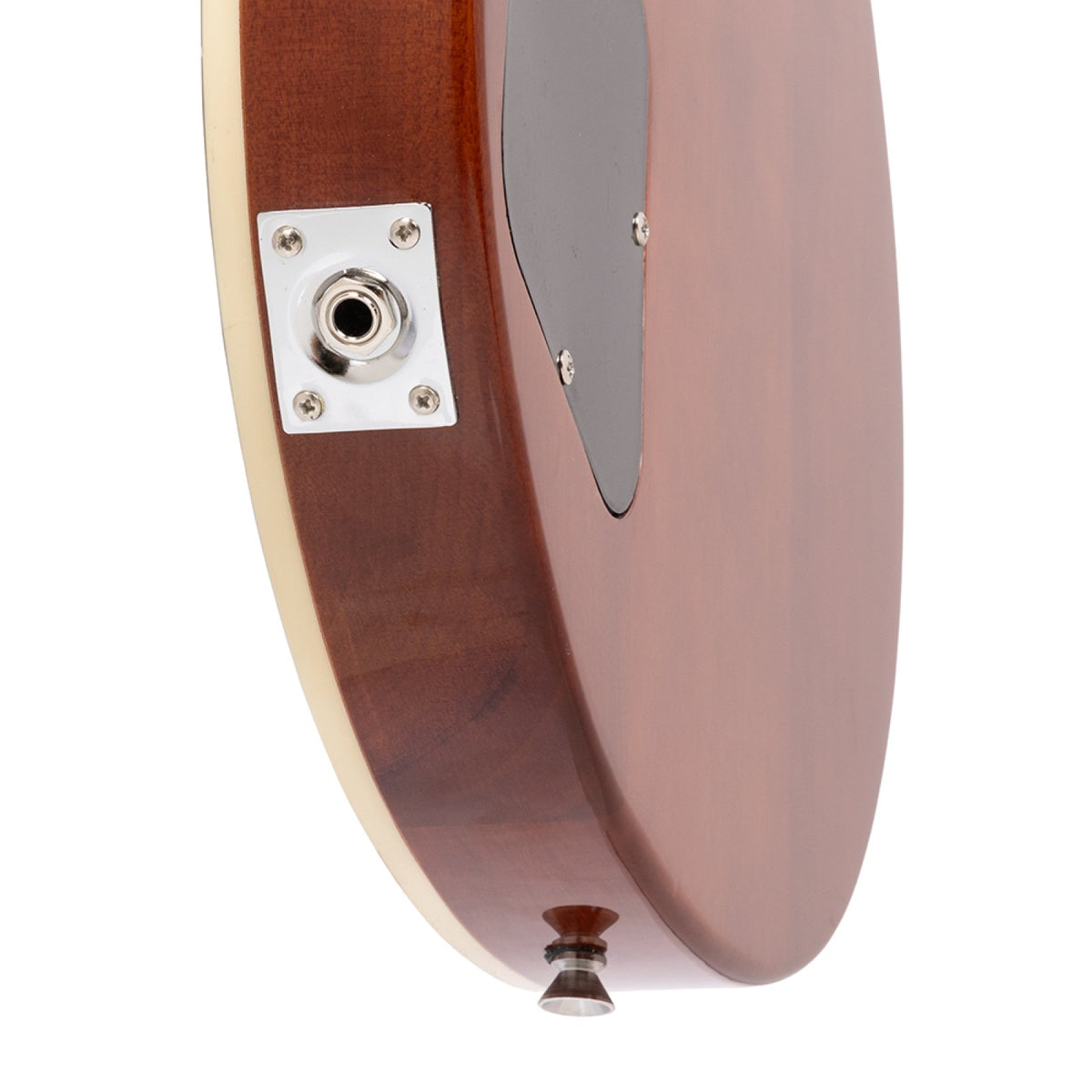 Output jack plate on the side of the black Stagg SEL-STD body