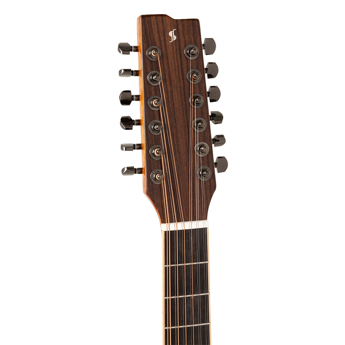 Headstock of the Stagg SA45 DCE-FM/12 with six tuners per side for 12 strings