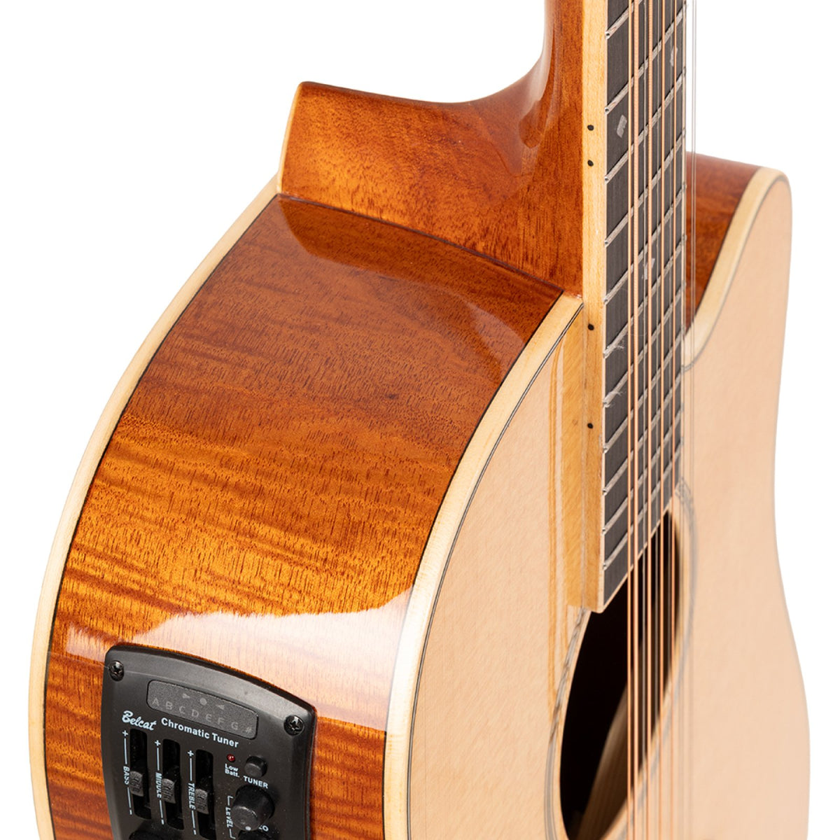Cutaway and neck joint of the Stagg SA45 DCE-FM/12 with maple binding