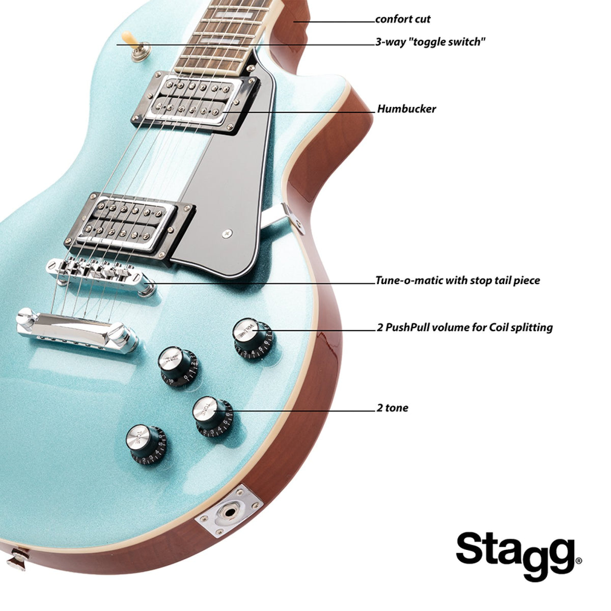 Stagg SEL-STD Shoreline blue with labels for comfort cut, toggle switch, humbucker, tune-o-matic bridge and tone controls