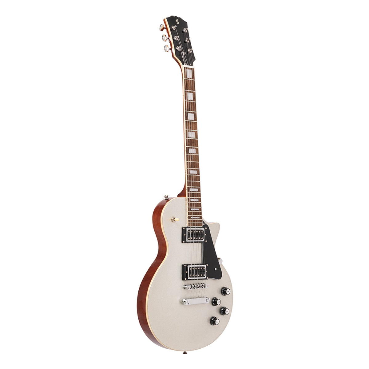 Stagg SEL-STD silver top electric guitar, full body shown at an angle on white