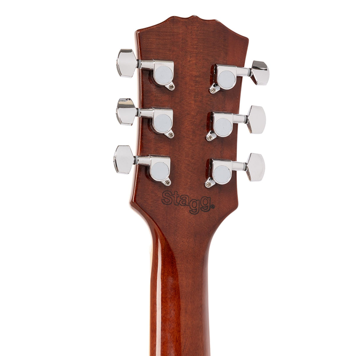 Back of the Stagg SEL-STD headstock showing the Stagg logo and chrome tuners