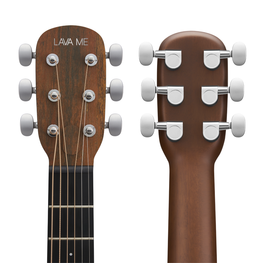 LAVA ME Air Spruce headstock front and back with brown headplate and silver zinc alloy tuners