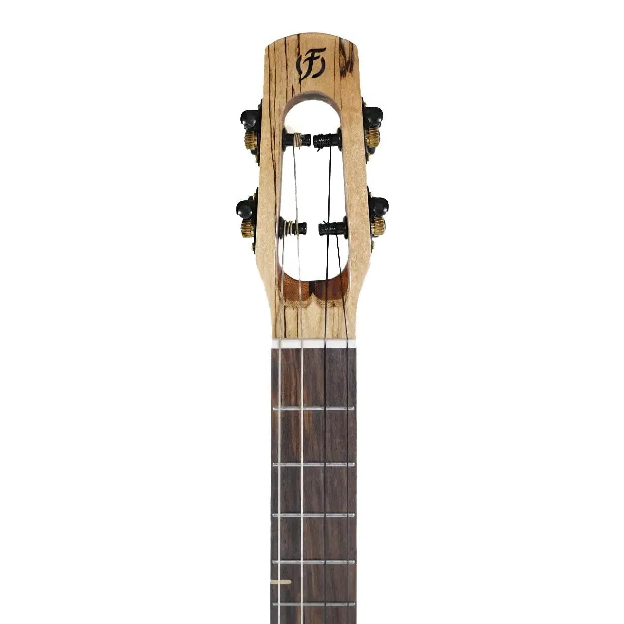 Flight 4SB Sammy Turton Baritone Ukulele headstock with spalted maple, black tuners, and rosewood fretboard.