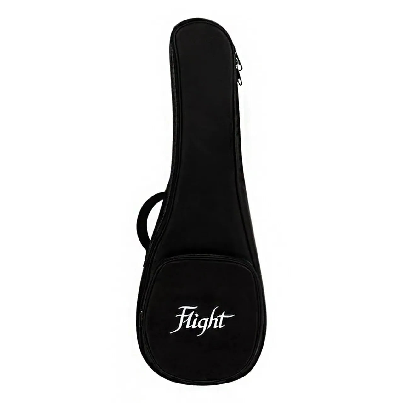 Black Flight ukulele gig bag with white "Flight" logo and zippered pocket.
