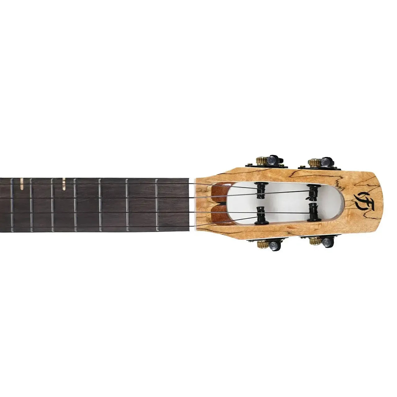 Flight 4SB Sammy Turton Tenor Ukulele headstock with spalted maple, dark fretboard, and black tuners.