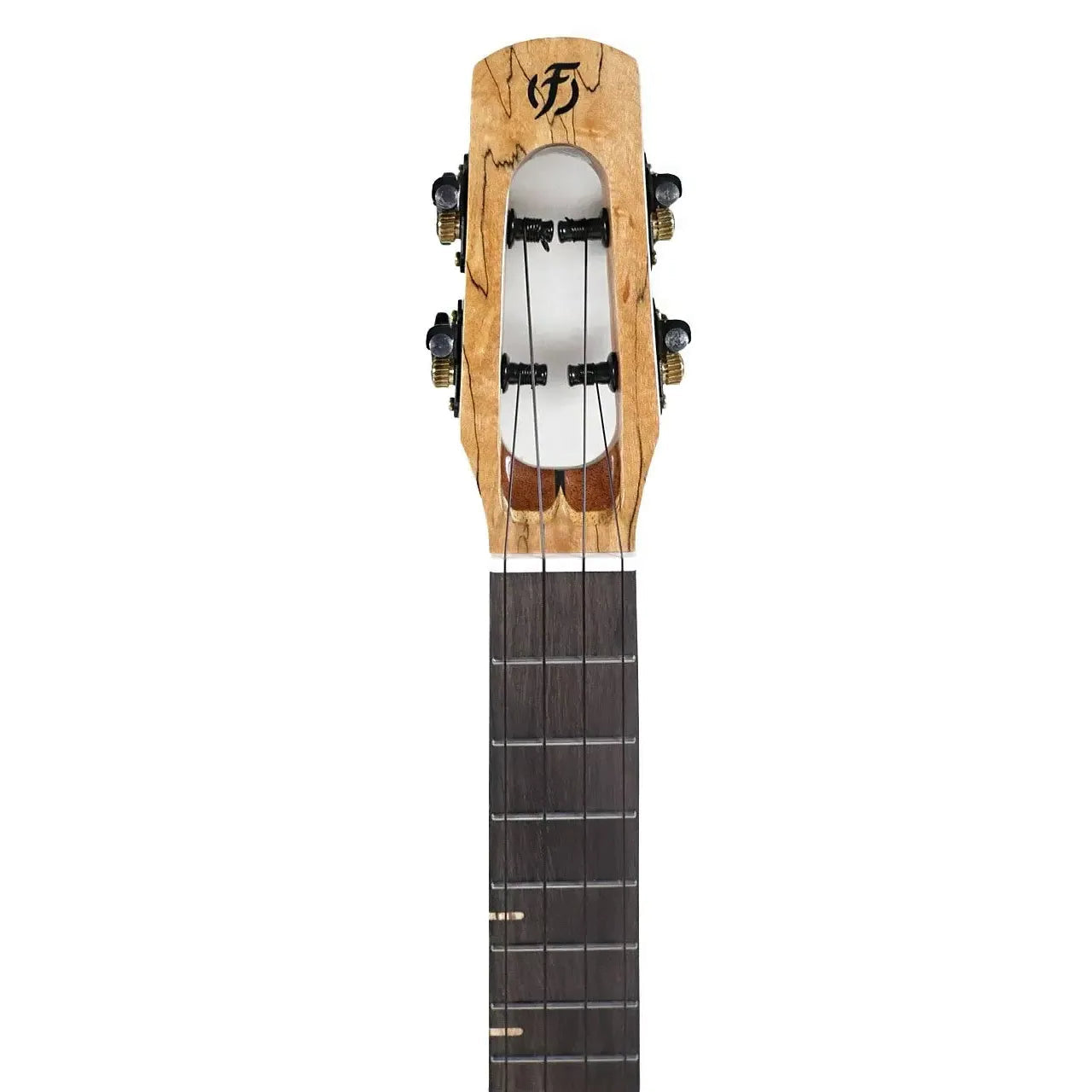 Flight 4SB Sammy Turton Tenor Ukulele headstock with spalted maple, dark fretboard, and black tuners.