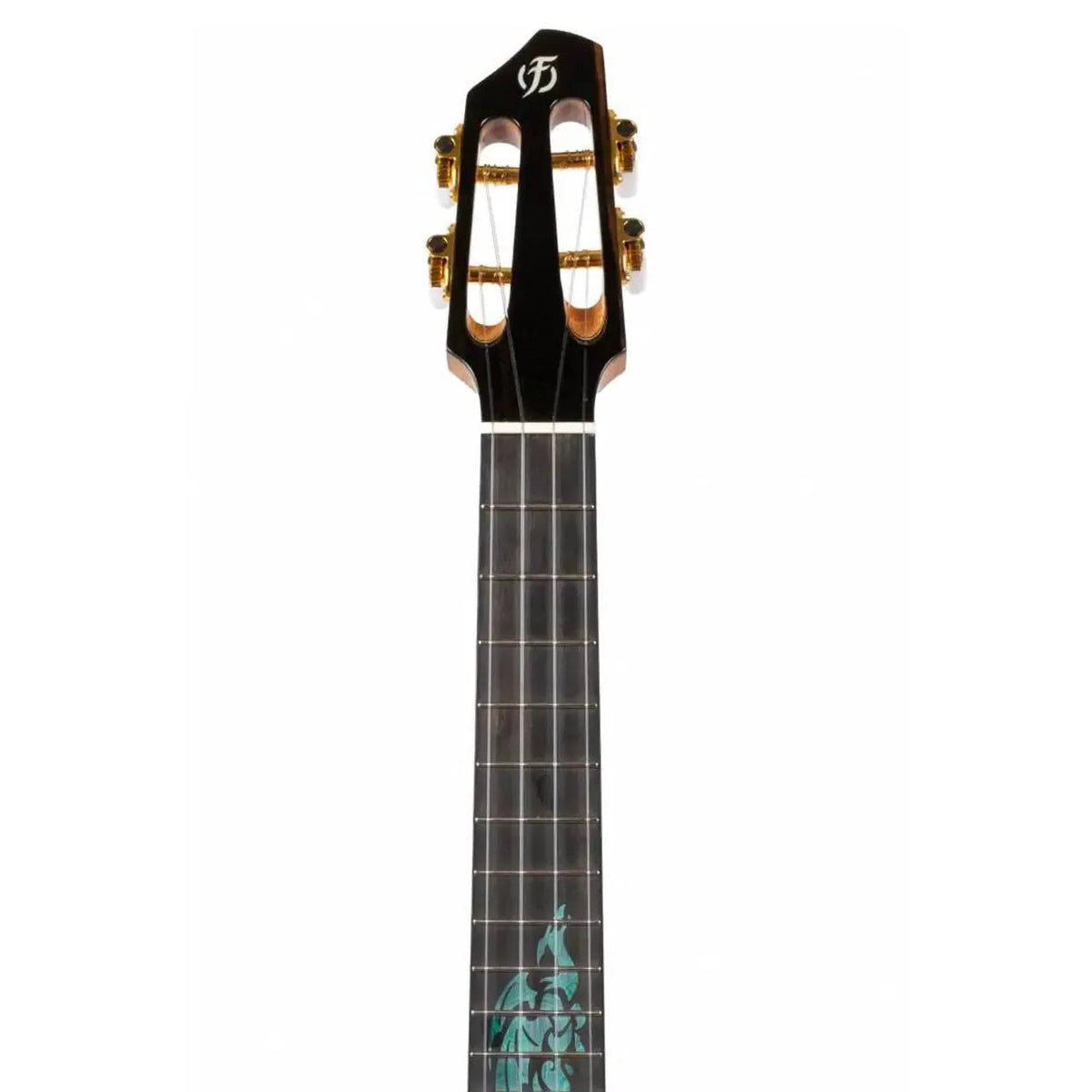 Flight A10 MM Mango Dragon 10th Anniversary Tenor Ukulele headstock and fretboard with green inlay.