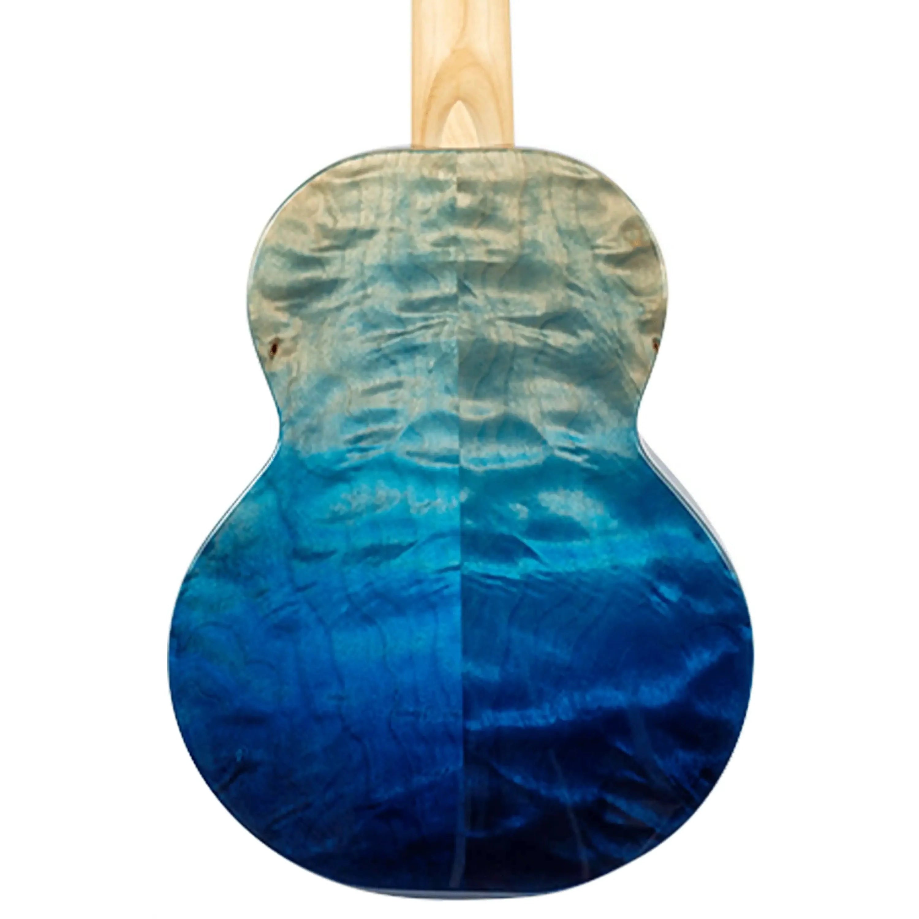 Flight A10 QM Faded Blue 10th Anniversary Tenor Ukulele back, showing quilted maple with blue fade.