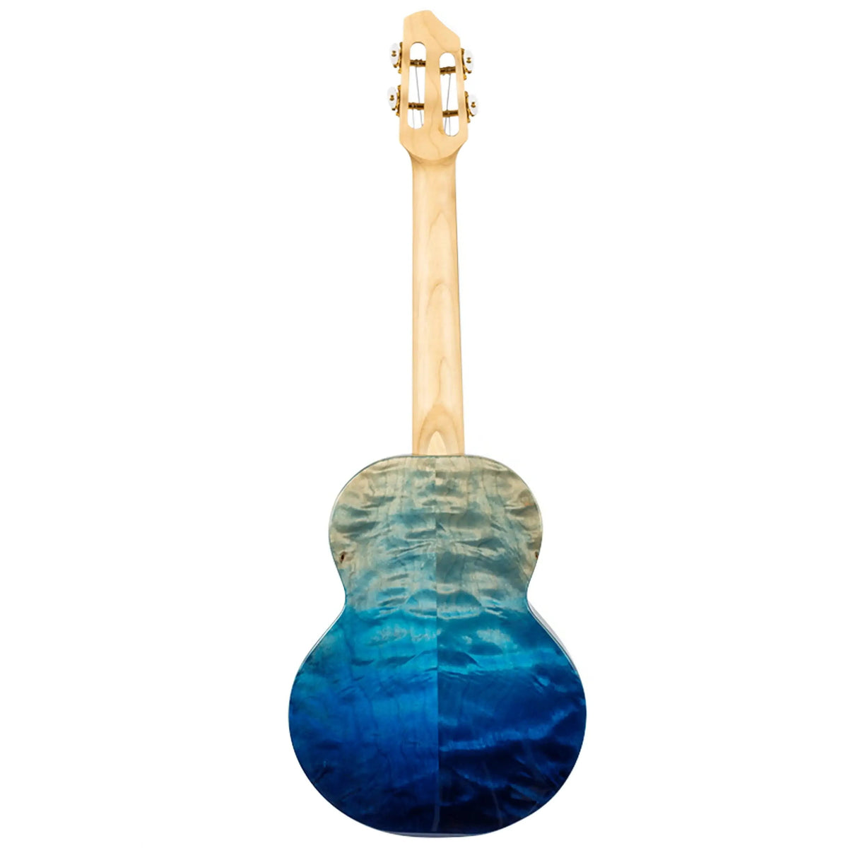 Flight A10 QM Faded Blue 10th Anniversary Tenor Ukulele, back view, showing quilted maple body.
