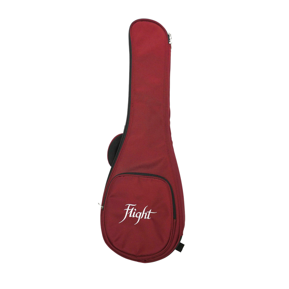 Flight ukulele gig bag, maroon, with white Flight logo and black zipper.