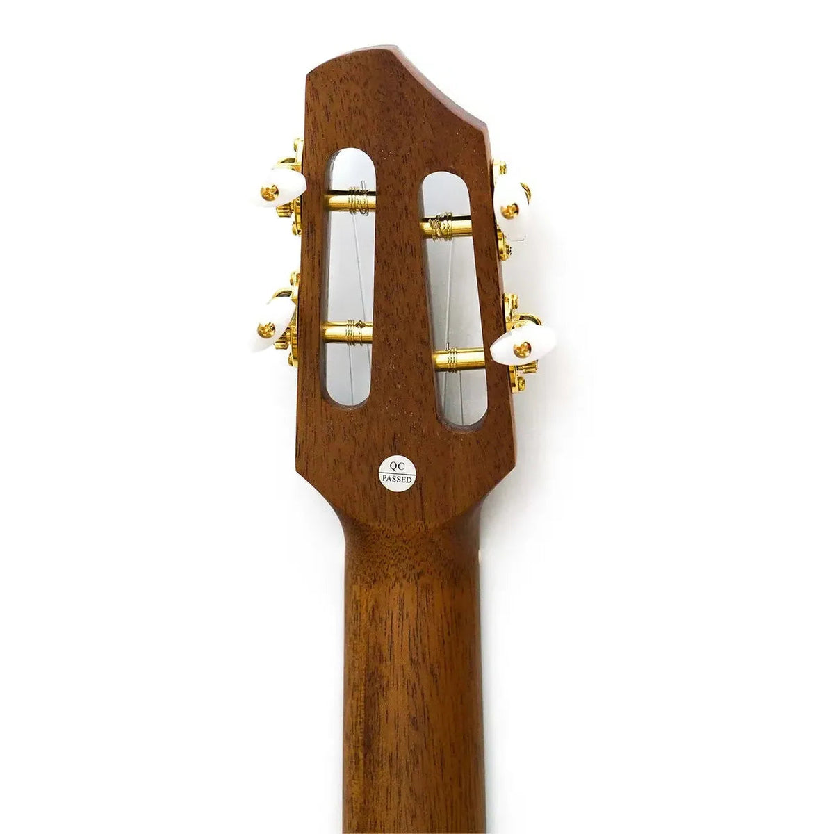Flight A10 SC Tenor Ukulele mahogany neck with slotted headstock, gold tuners, and white buttons.