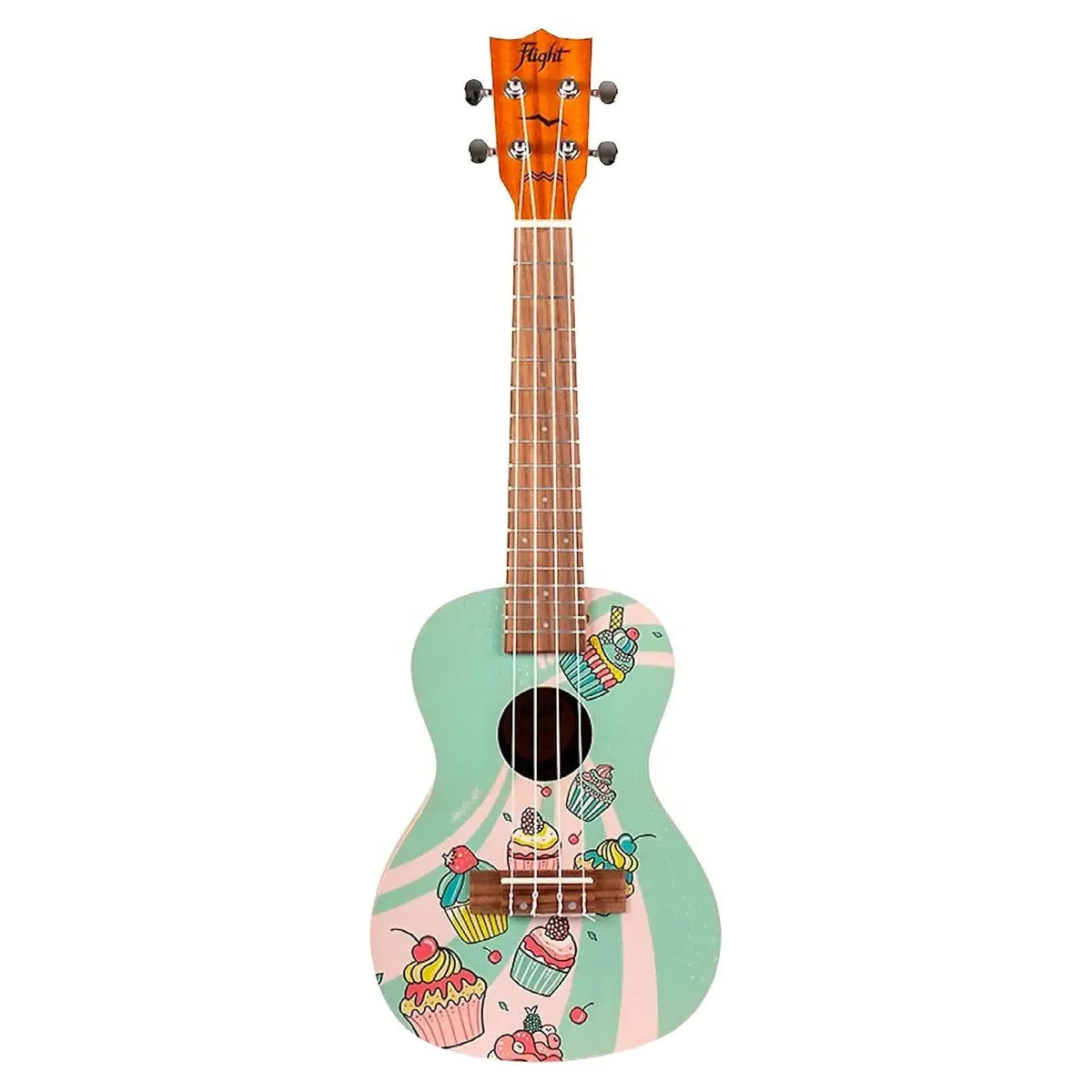 Flight AUC-33 Cupcake Concert Ukulele with mint green and pink body, colorful cupcake art.