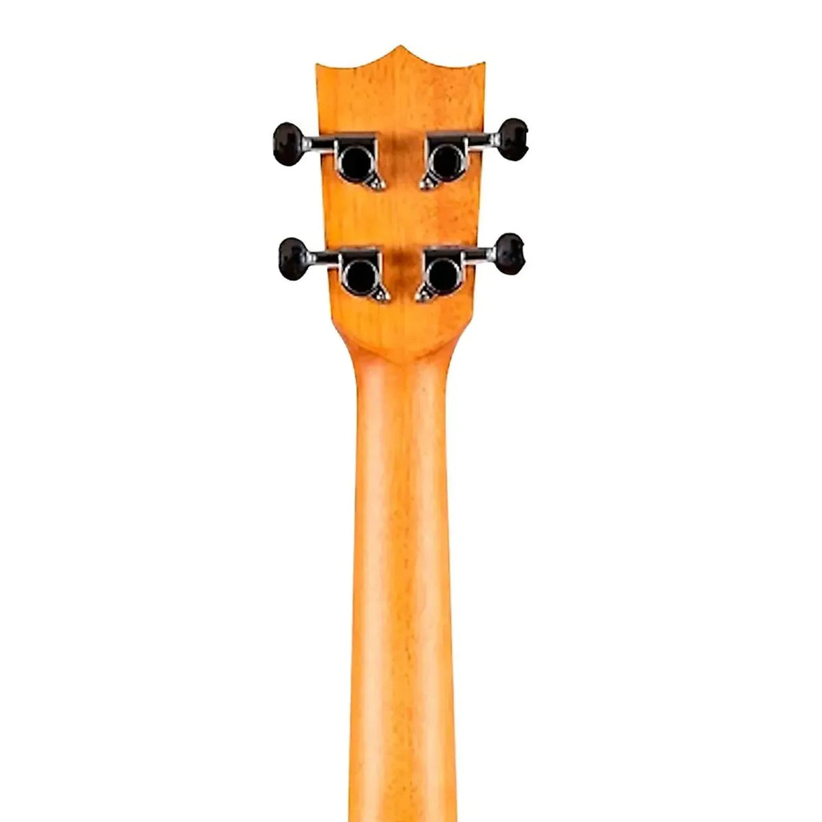 Flight AUC-33 Cupcake Concert Ukulele's light wood neck and headstock with black tuning pegs.