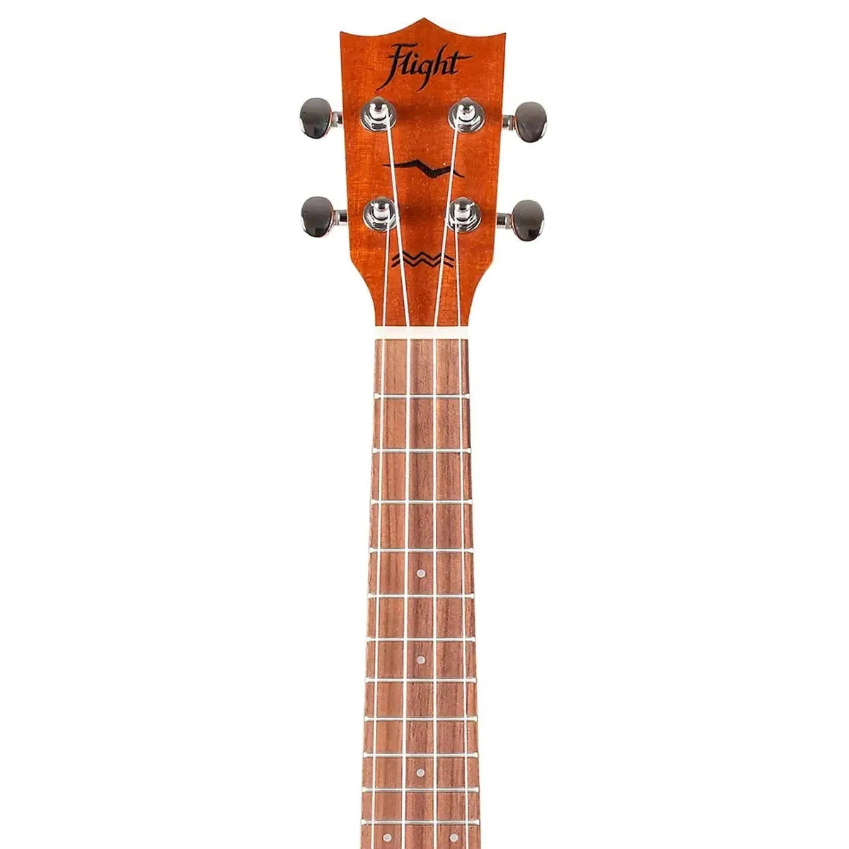 Flight AUC-33 Fusion Concert Ukulele headstock and fretboard, showing mahogany wood and tuning pegs.