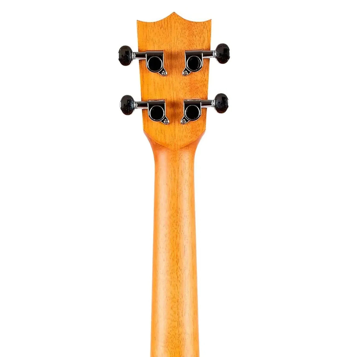 Back of Flight AUC-33 Fusion Concert Ukulele neck and headstock with mahogany finish and black tuning pegs.