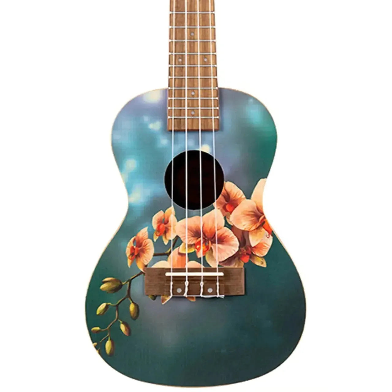 Flight AUC-33 Art Series Orchid Concert Ukulele with blue-green body and orange orchid design.