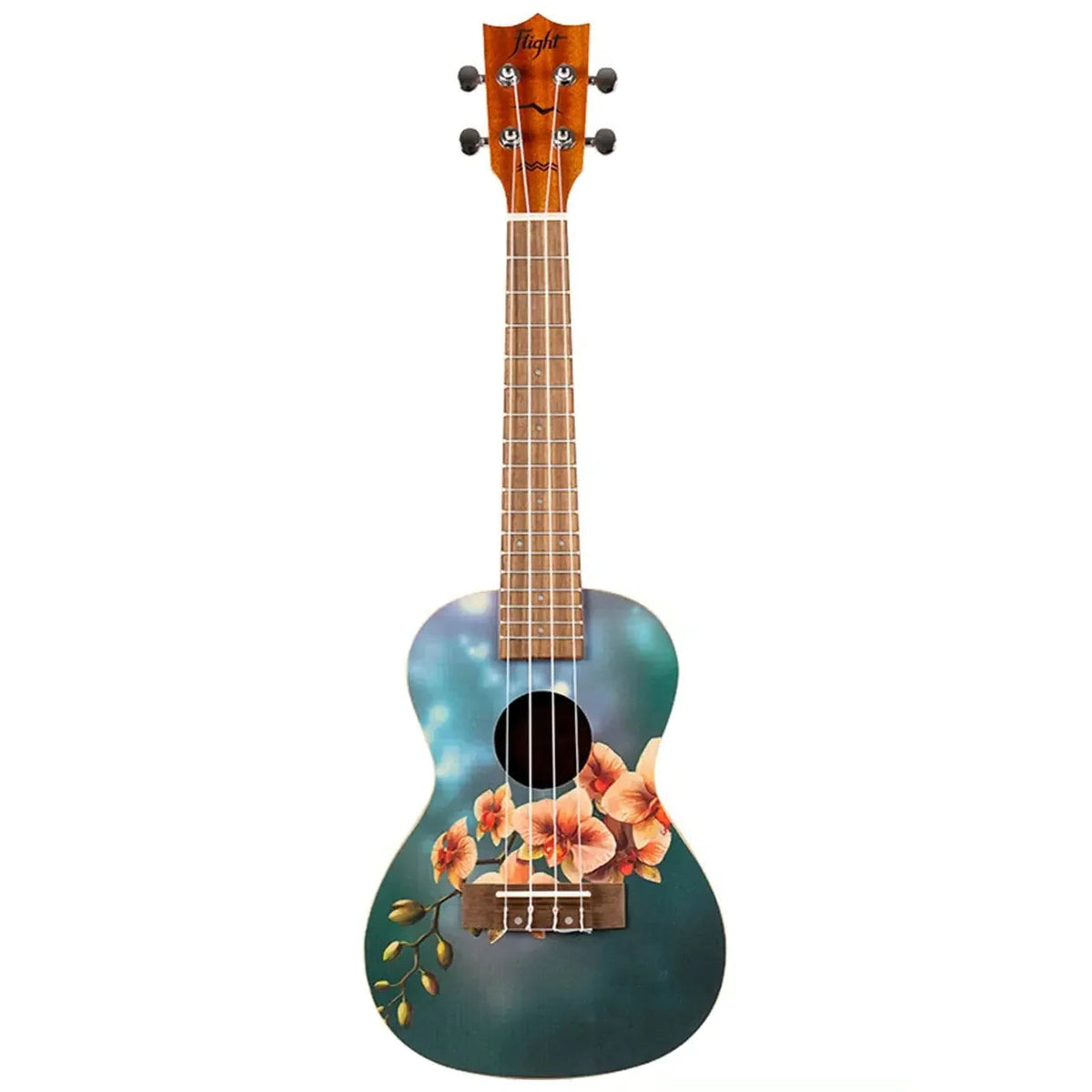 Flight AUC-33 Art Series Orchid Concert Ukulele with a teal body and orange floral design.
