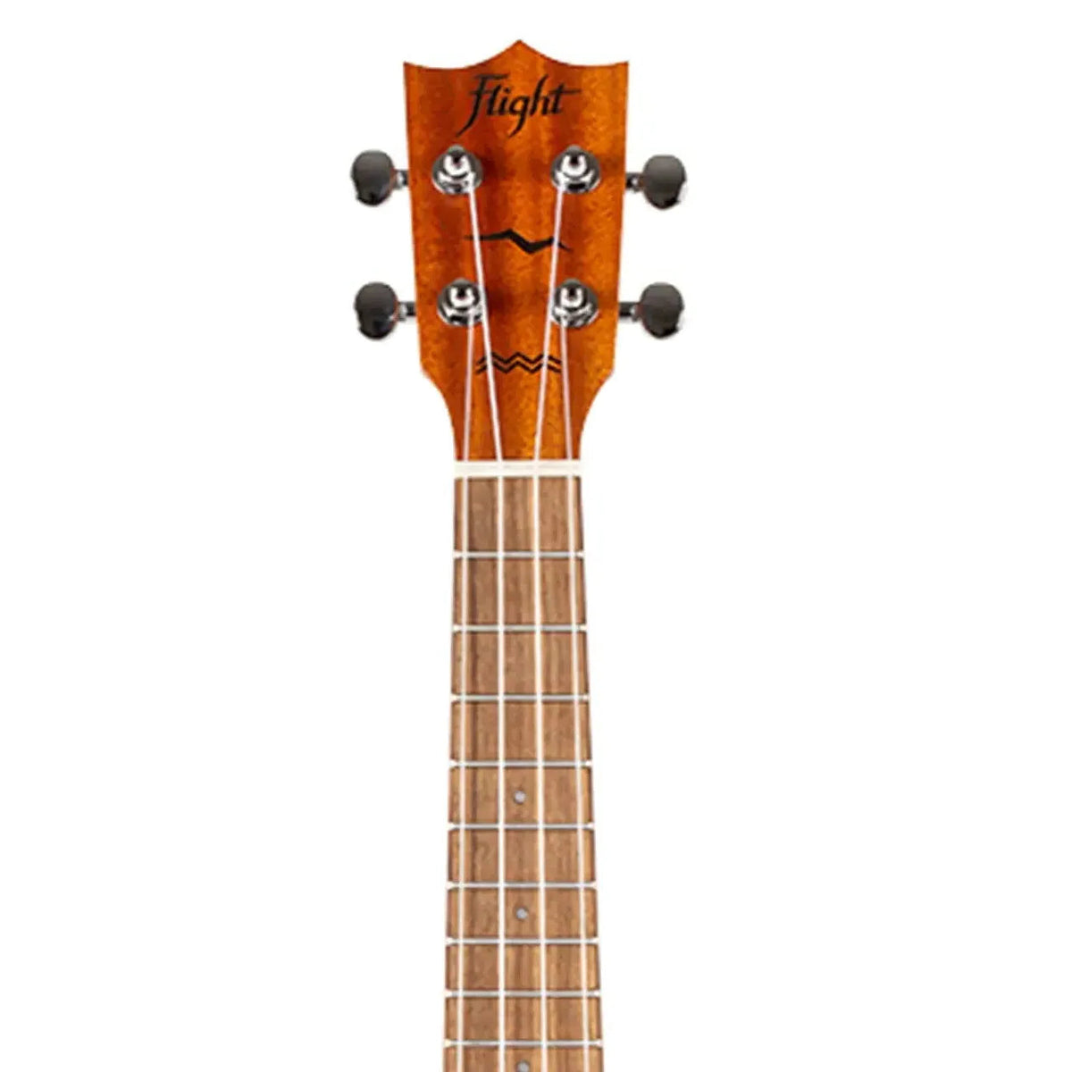 Flight AUC-33 Orchid Concert Ukulele headstock and fretboard, showing tuning pegs and logo.
