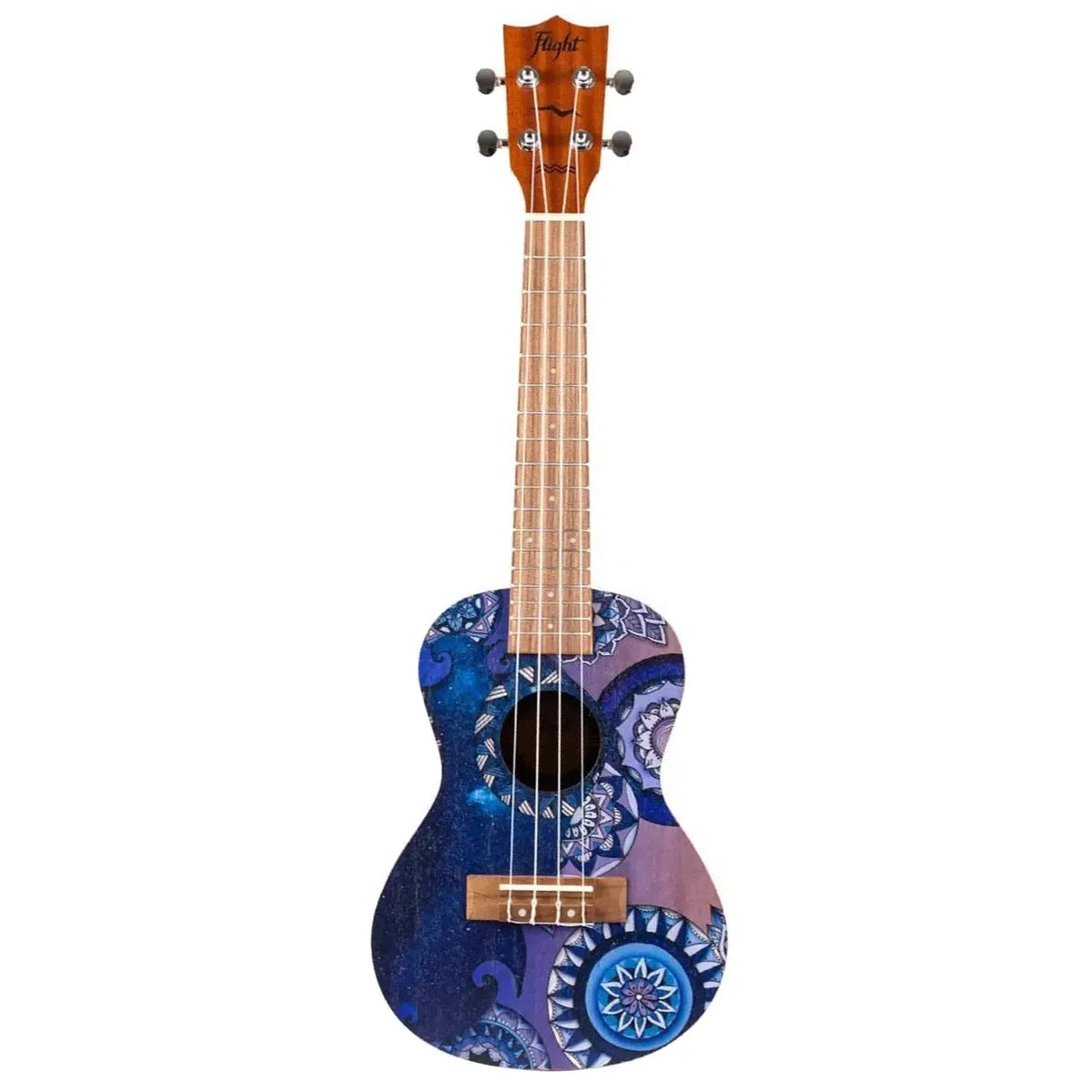 Flight AUC-33 Stardust Concert Ukulele with blue and purple mandala art, spruce top, and mahogany back.