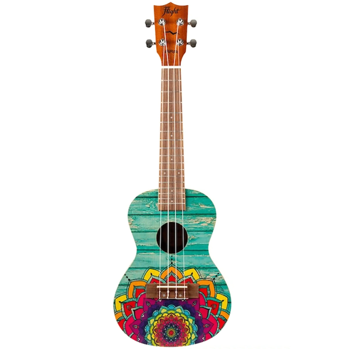 Flight AUC-33 Mansion Concert Ukulele with vibrant teal wood pattern and colorful mandala design.