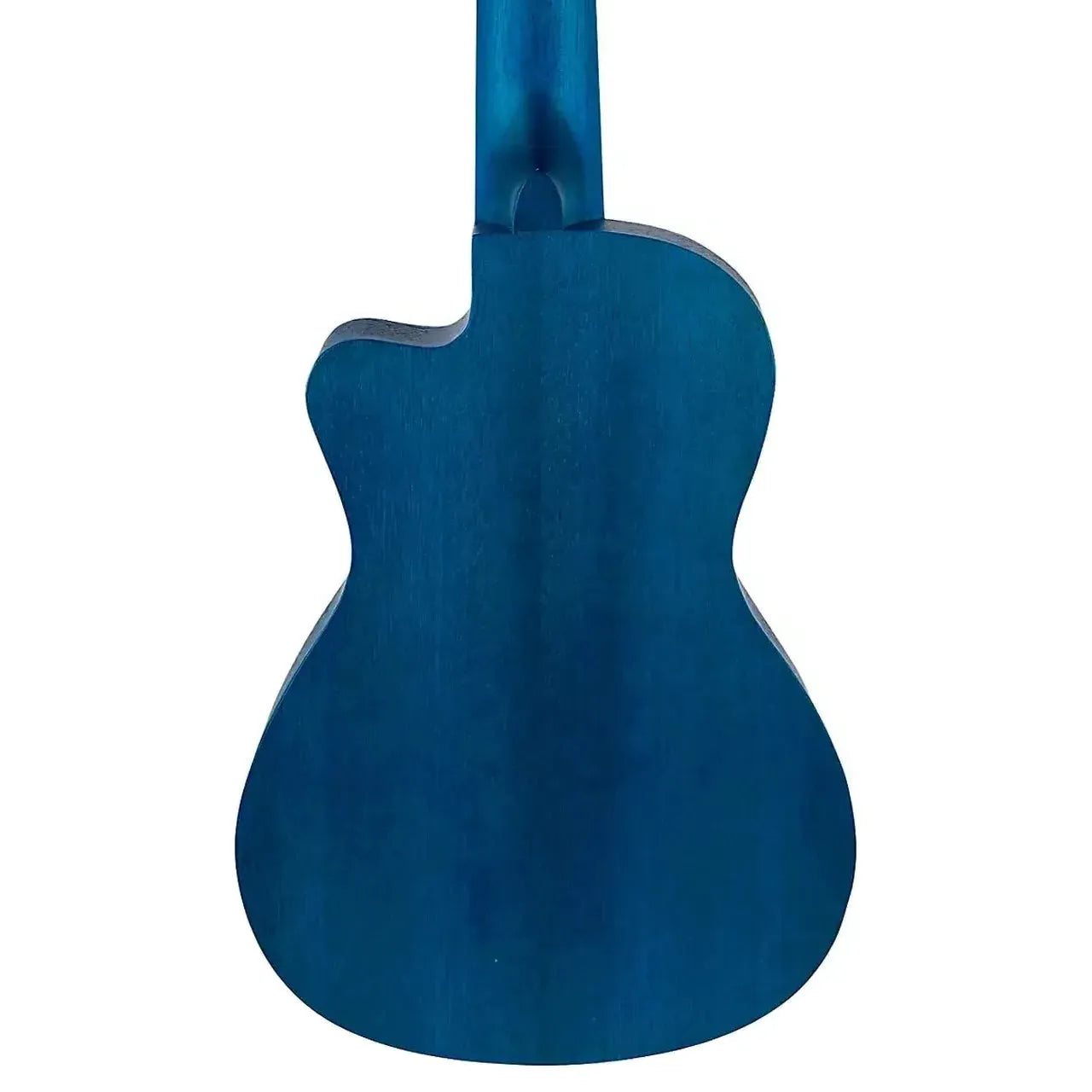 Back of a deep blue Flight AUC-CITY Elise Ecklund Signature Concert Ukulele with a cutaway.