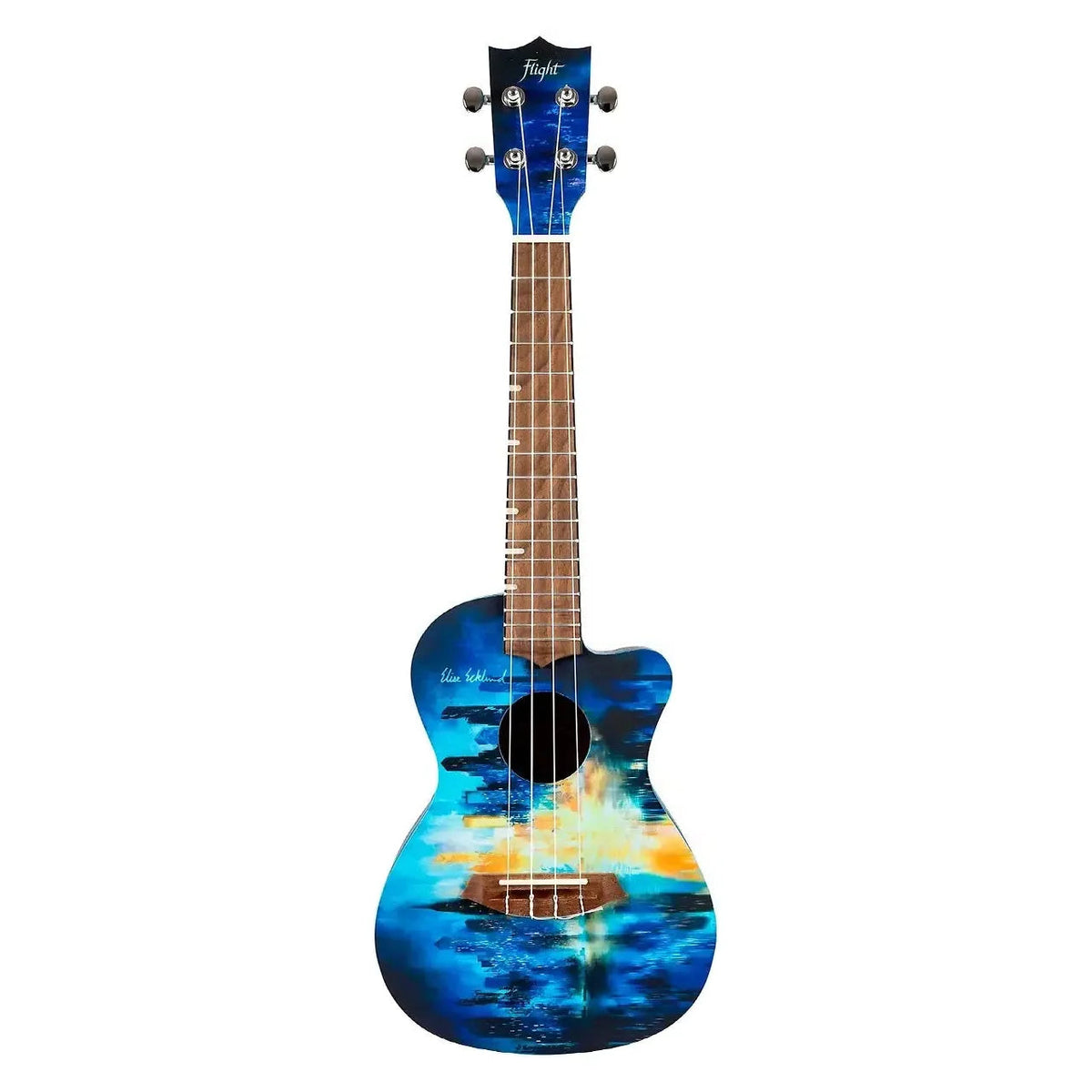 Flight AUC-CITY Elise Ecklund Signature Concert Ukulele with blue cityscape art and cutaway body.
