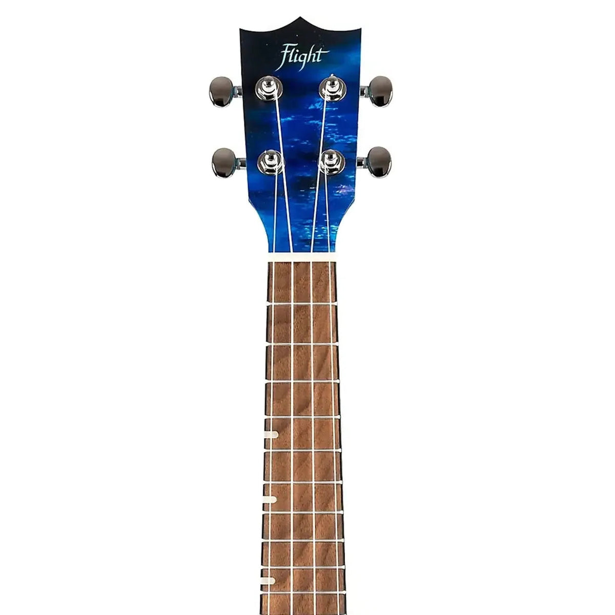 Flight AUC-CITY Elise Ecklund Signature Concert Ukulele headstock and fretboard with blue starry design.