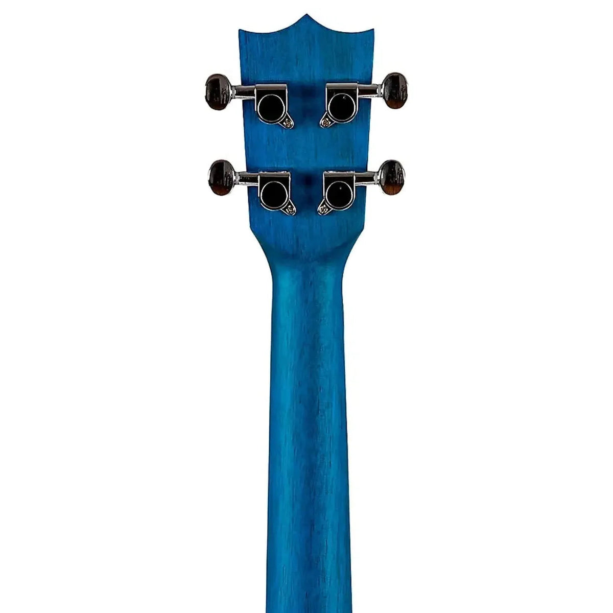 Back of a blue Flight AUC-CITY Elise Ecklund Concert Ukulele neck and headstock with four silver geared tuners.