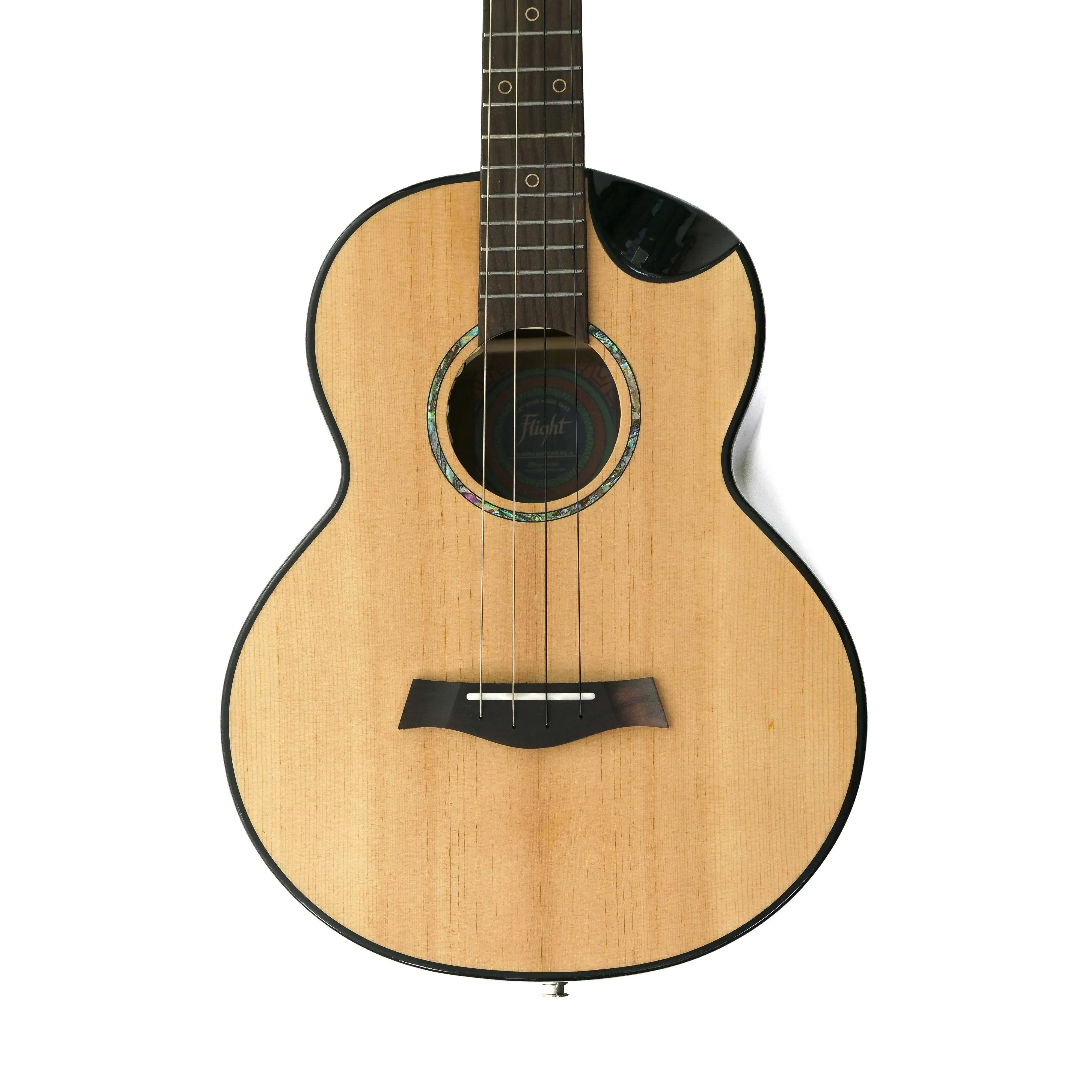 Flight Aurora EQ-A Baritone Ukulele with natural spruce top, rosewood fretboard, and pearloid rosette.
