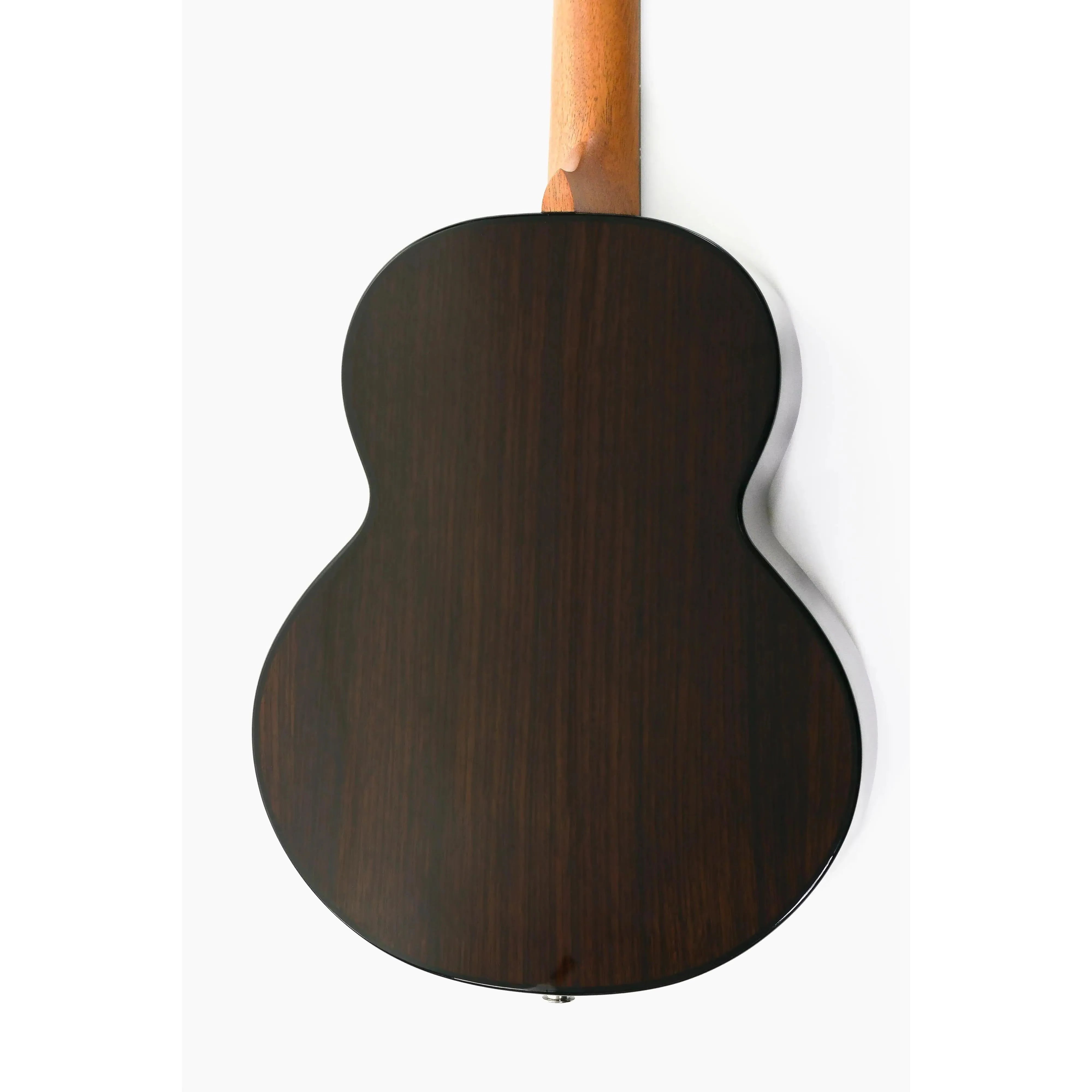 Flight Aurora EQ-A Baritone Ukulele back, showing dark rosewood body and light mahogany neck.