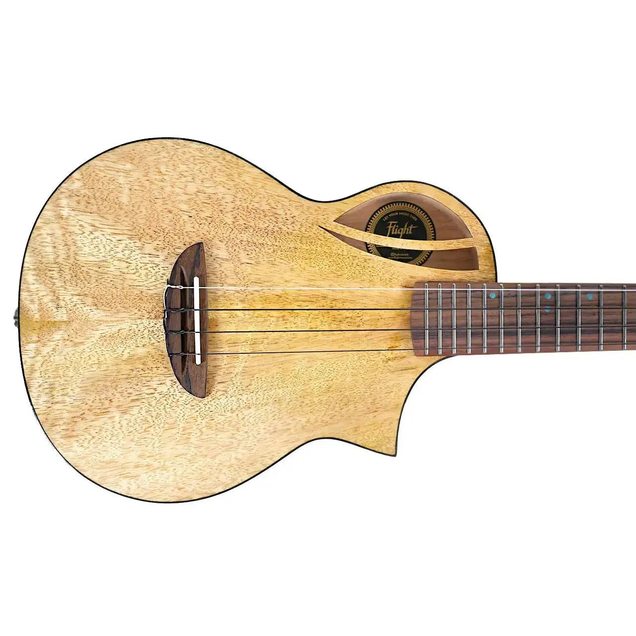 Flight AVIATOR-CE tenor ukulele with light mango wood body, dark rosewood bridge, and unique soundhole design.