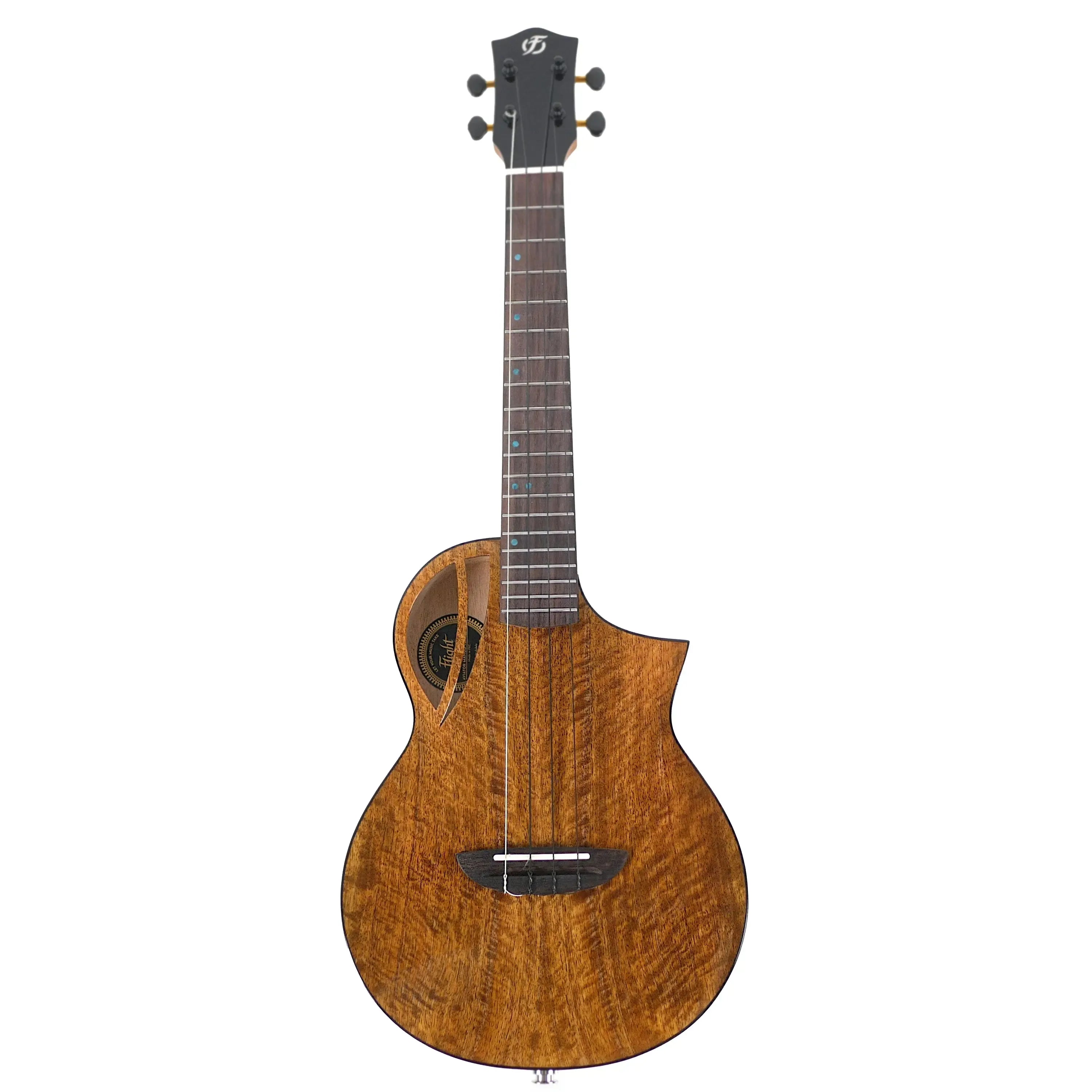 Flight AVIATOR-CE Tenor Ukulele with solid mango top, dark wood neck, and unique soundhole design.
