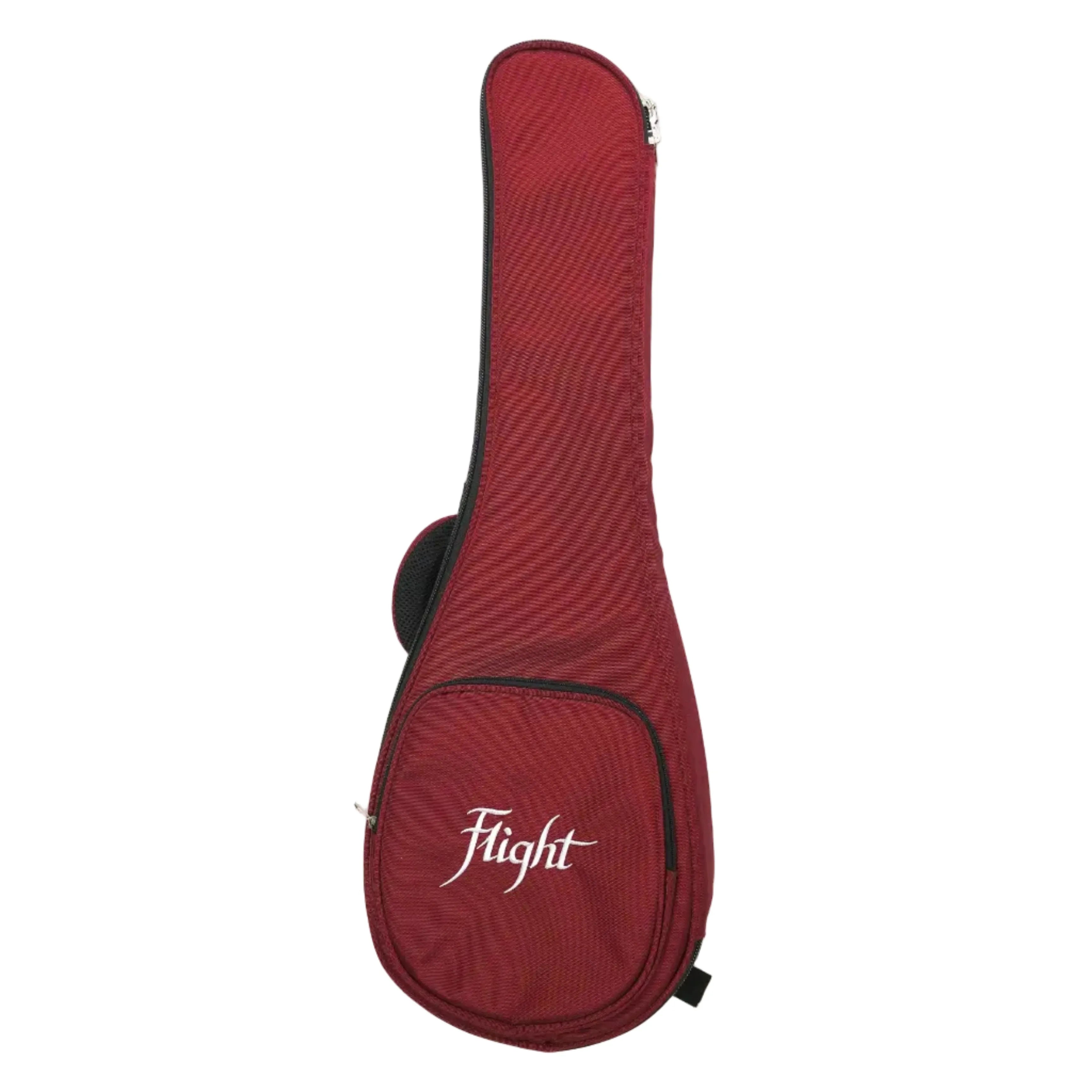 Flight red soft gig bag for tenor ukulele with white logo and zipper.
