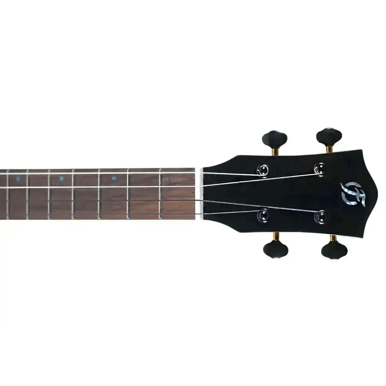 Flight AVIATOR-CE Tenor Ukulele headstock and fretboard, dark wood with mother-of-pearl inlay.