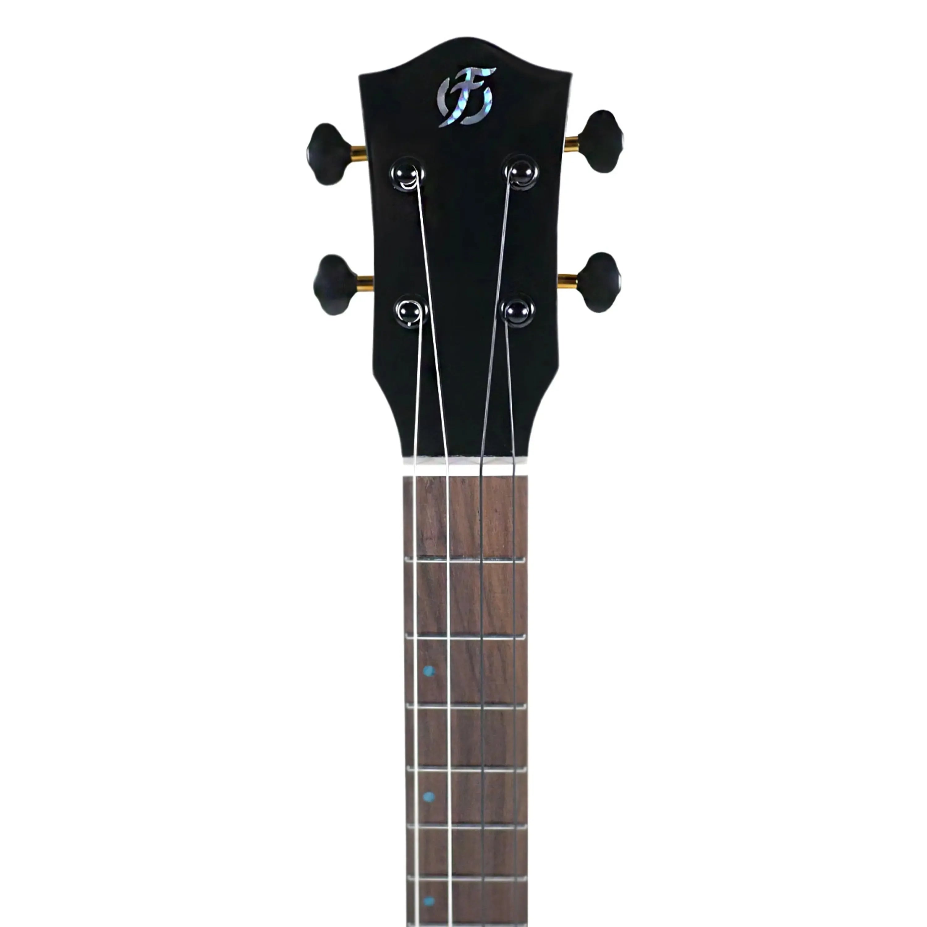 Flight AVIATOR-CE tenor ukulele headstock with black finish, abalone logo, and rosewood fretboard.