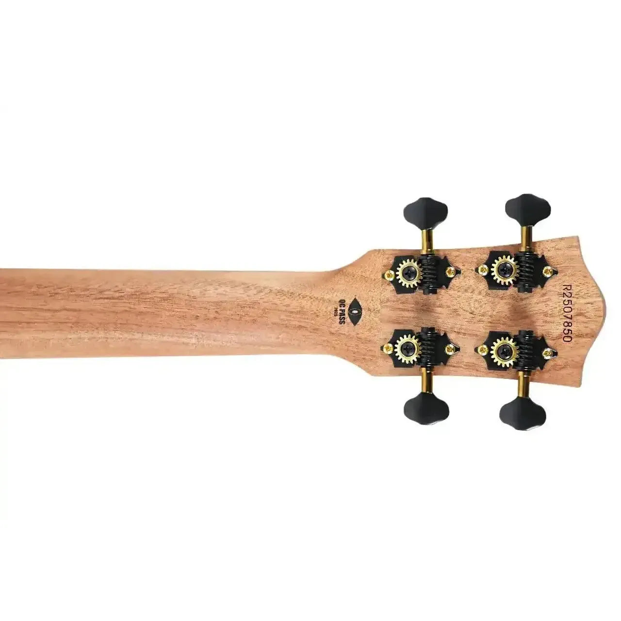 Flight AVIATOR-CE Tenor Ukulele headstock with light wood, black tuners, and gold gears.