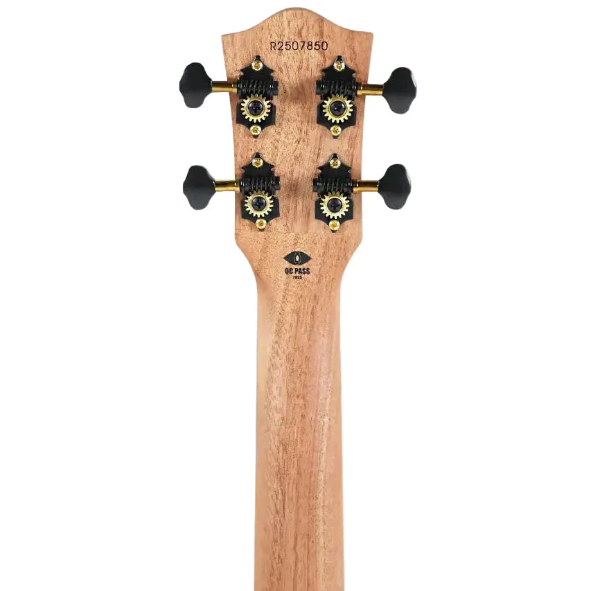 Back of Flight AVIATOR-CE Tenor Ukulele headstock with black tuners and gold gears.