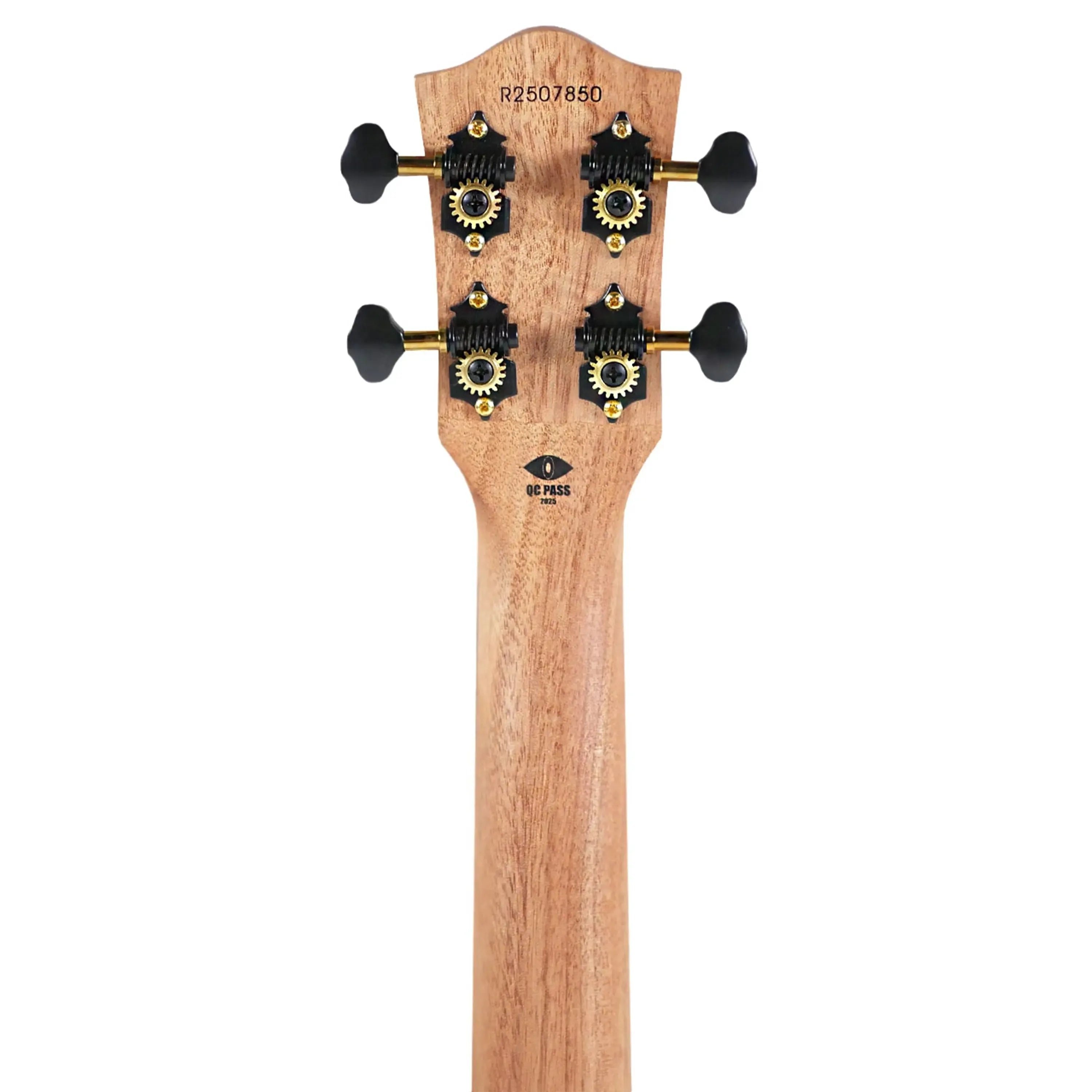 Back of Flight AVIATOR-CE Tenor Ukulele headstock and neck, showing black tuners with gold gears and light wood grain.