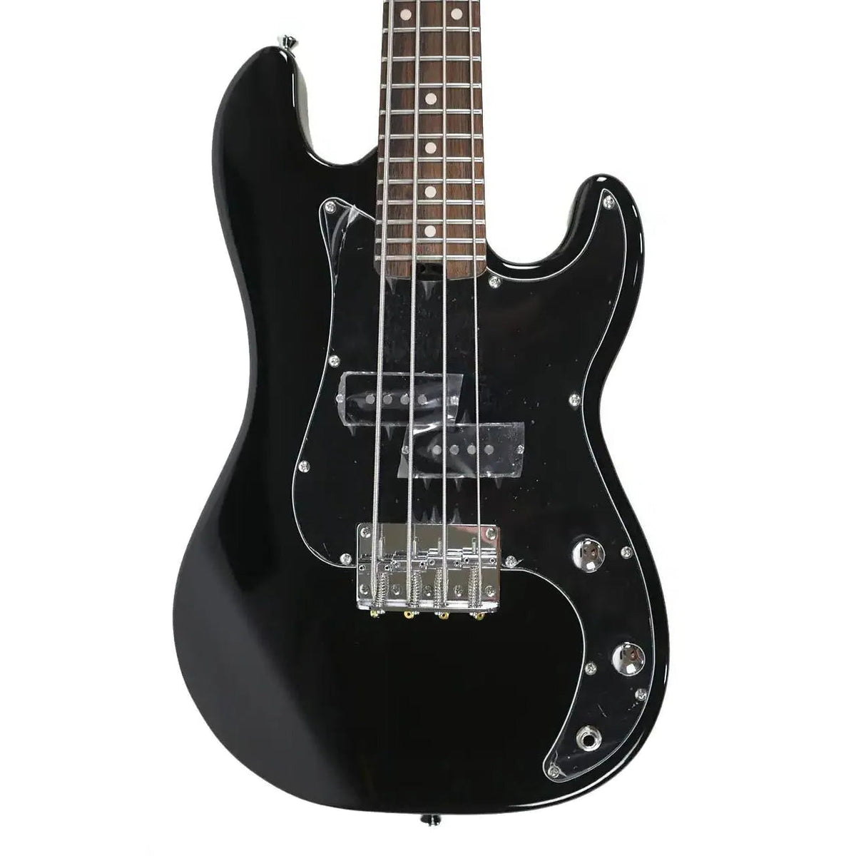 Flight BK Black Short Scale Electric Lite Mini Bass with chrome hardware and laurel fretboard.