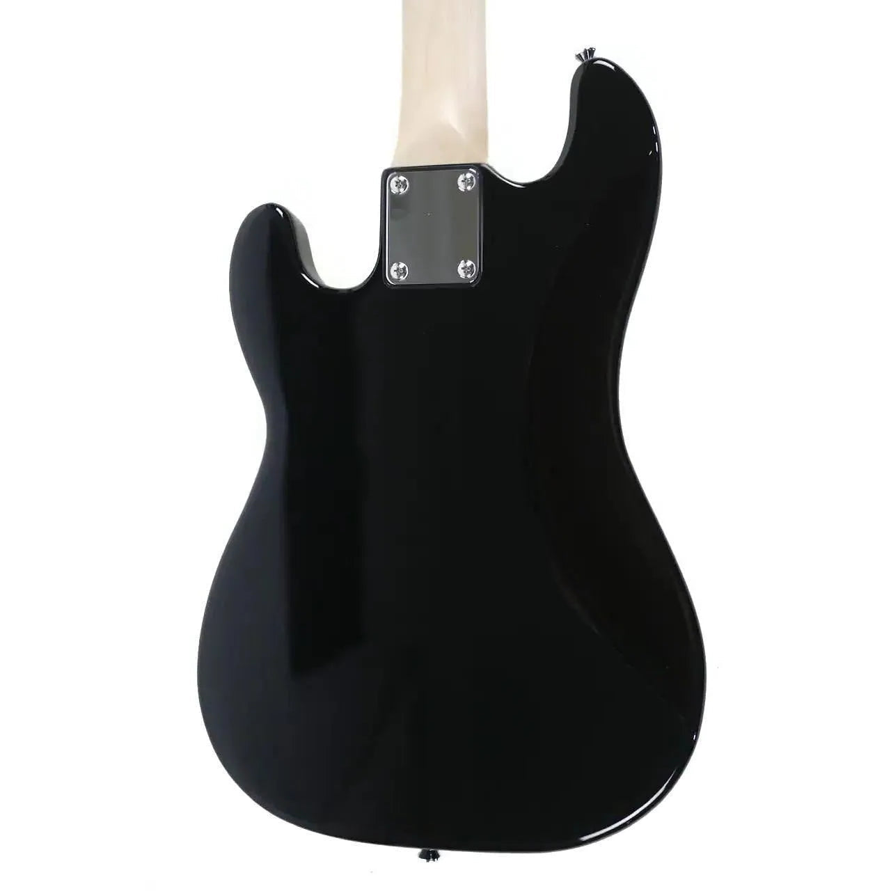 Back of a black Flight BK Short Scale Electric Lite Mini Bass with a light maple neck.
