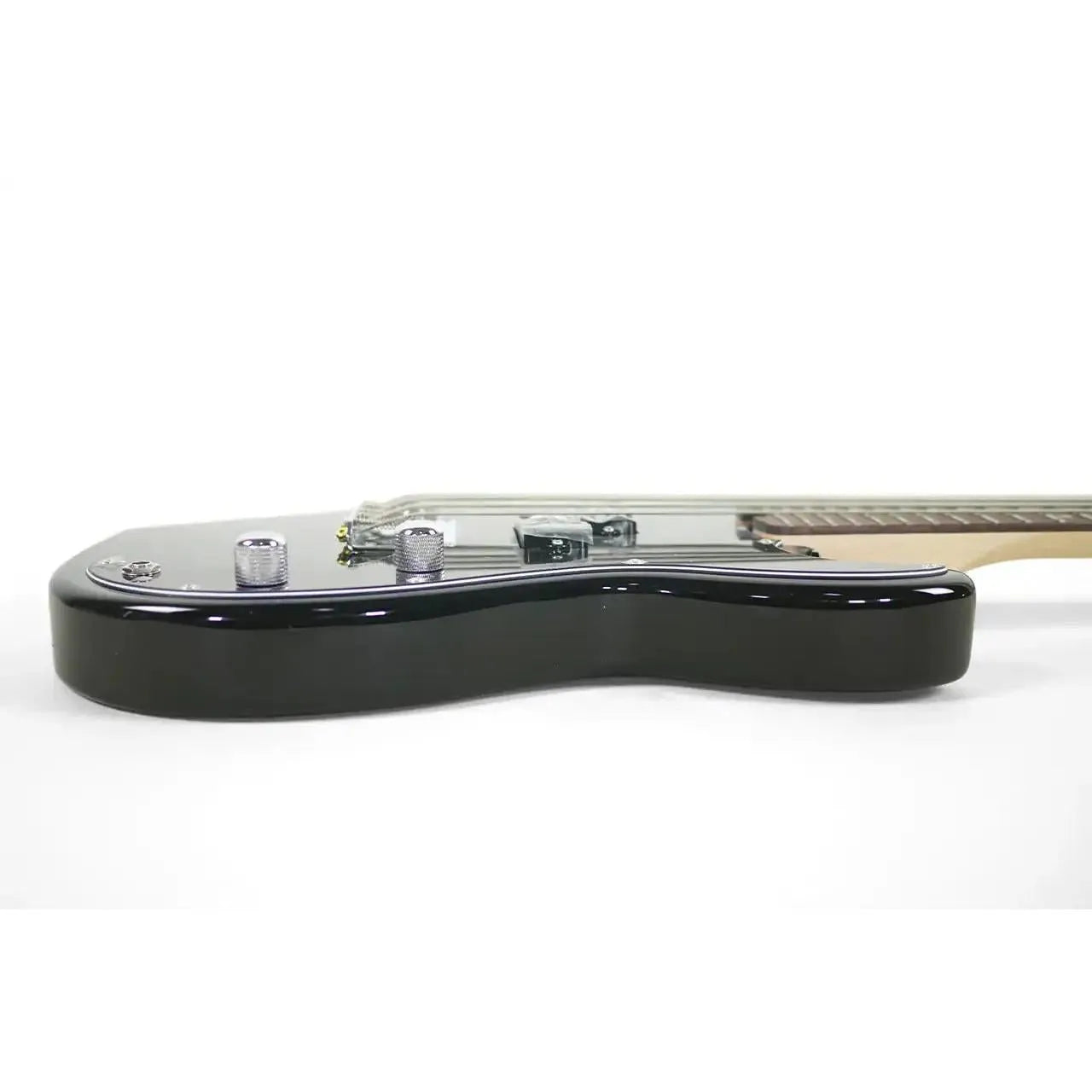 Flight BK black short scale electric mini bass body with chrome hardware.