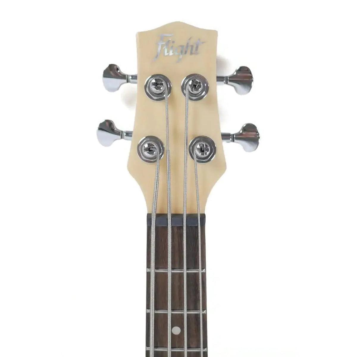 Flight BK black short scale electric mini bass headstock with chrome tuners and dark fretboard.