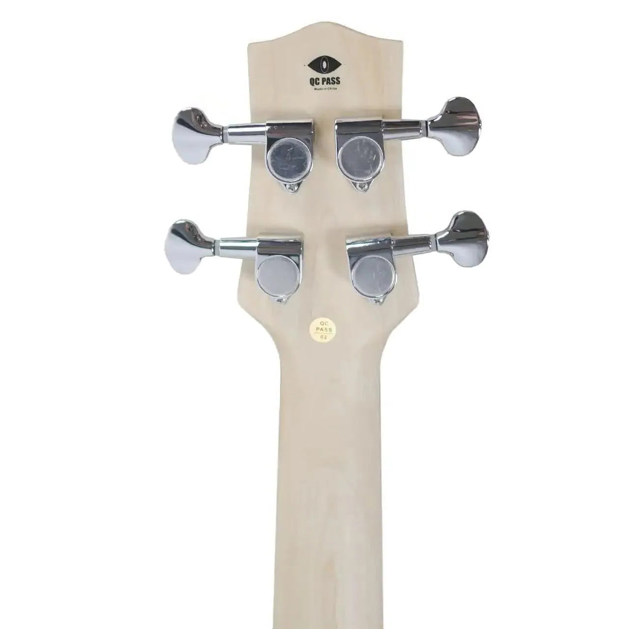 Back of a Flight BK mini bass headstock with light maple wood and four chrome closed-geared tuners.
