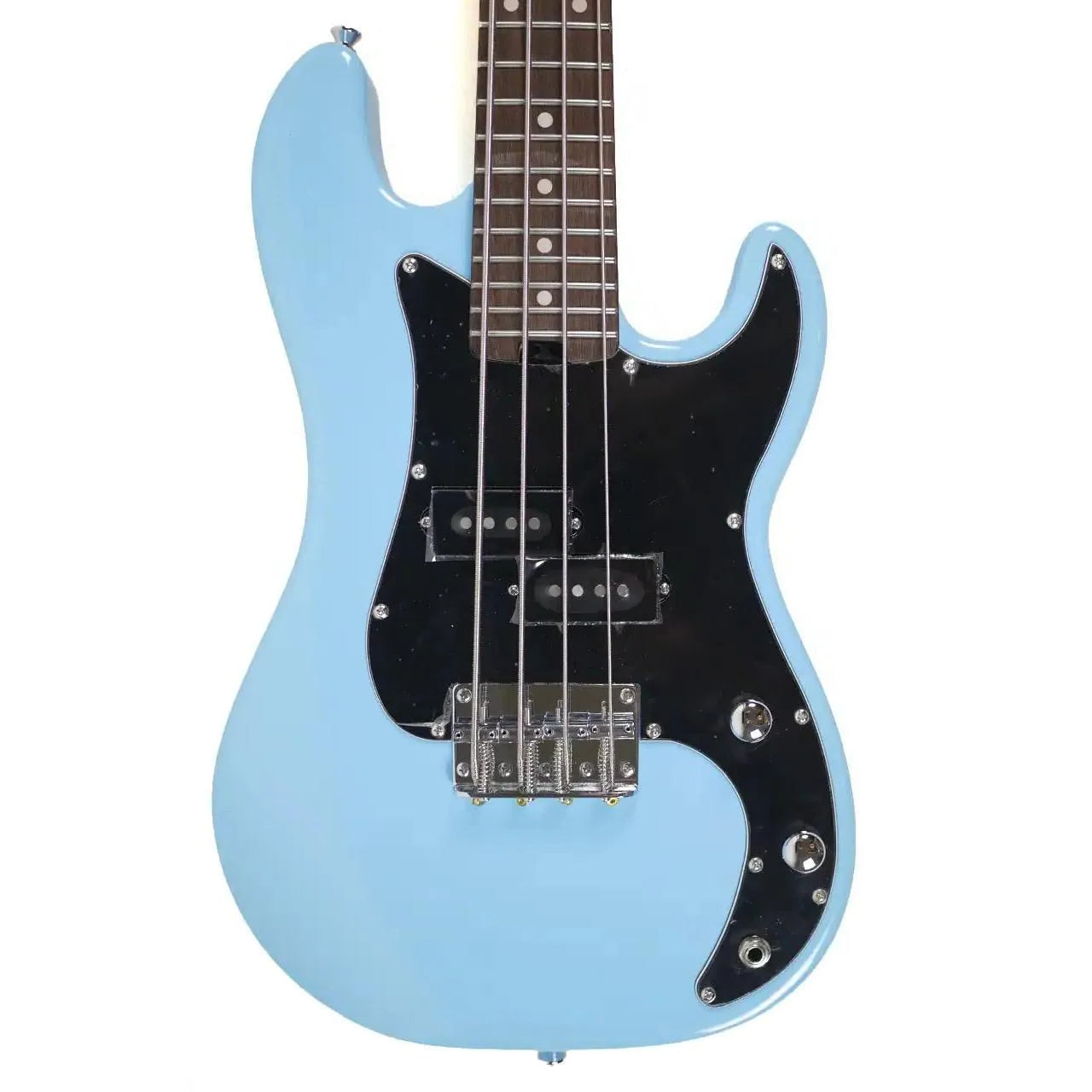 Flight BL Blue Short Scale Electric Lite Mini Bass with black pickguard, chrome hardware, and two P-style pickups.