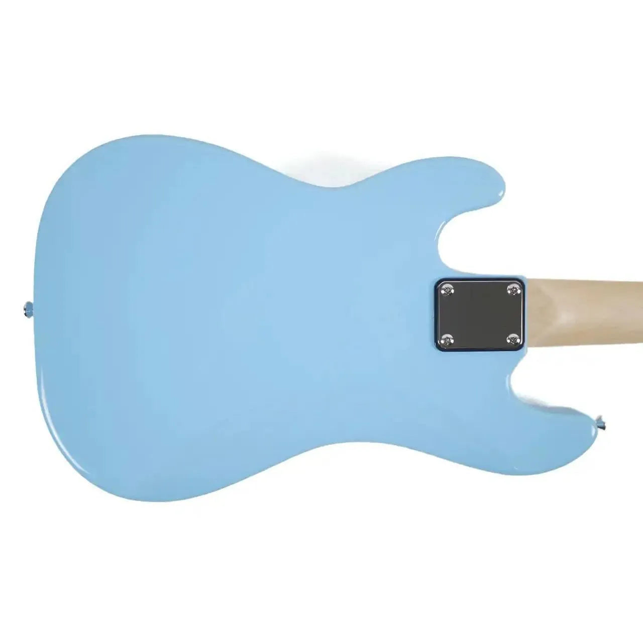 Back of a light blue Flight BL Short Scale Electric Lite Mini Bass with a maple neck.