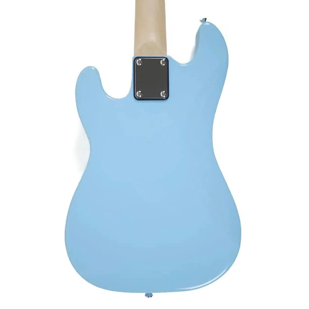 Back of a light blue Flight BL Short Scale Electric Lite Mini Bass with a maple neck.
