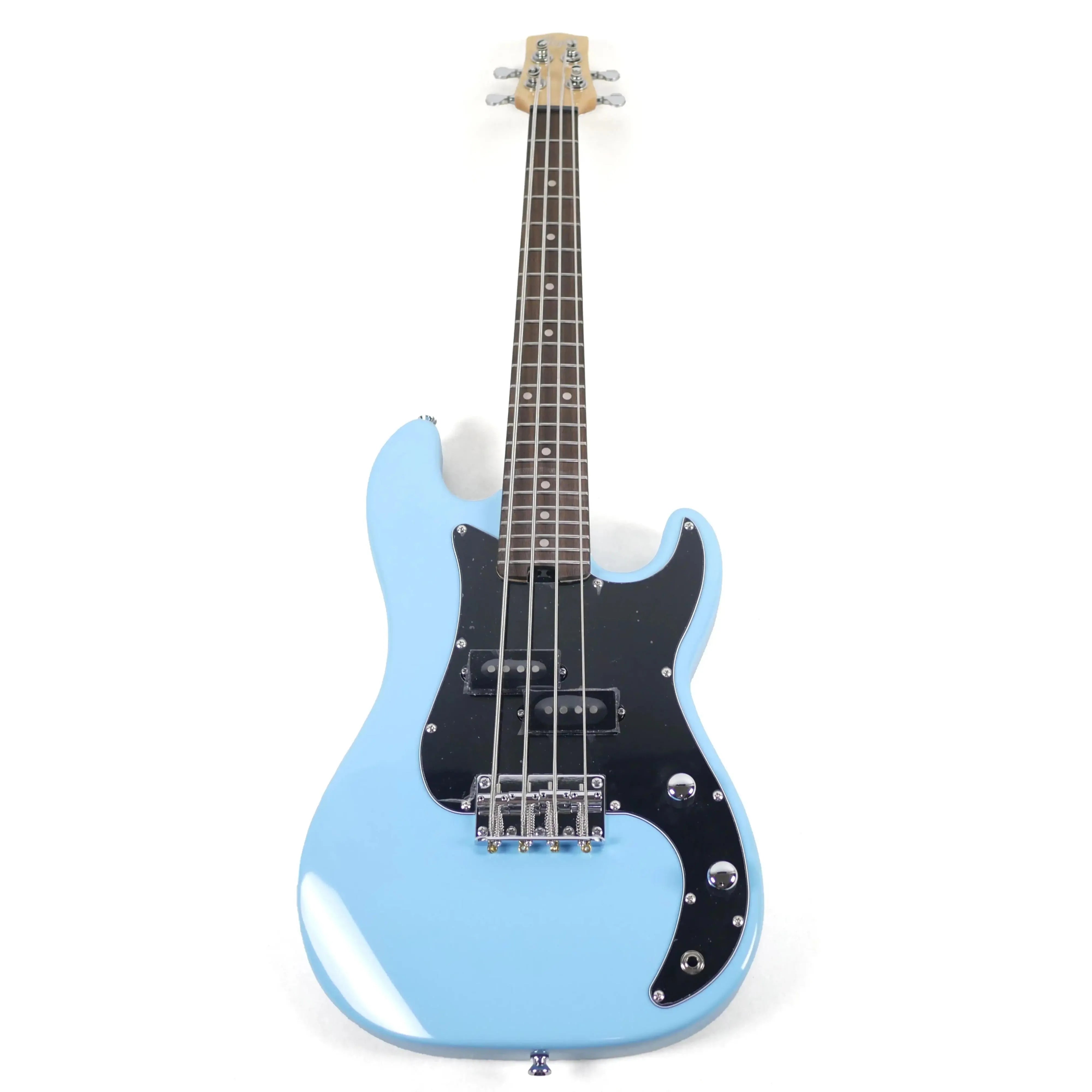 Flight BL Blue Short Scale Electric Lite Mini Bass with black pickguard and chrome hardware.